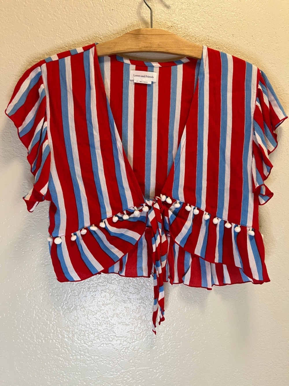Lovers + Friends Red, Blue & White Striped Tie-Front Crop Top Size XS